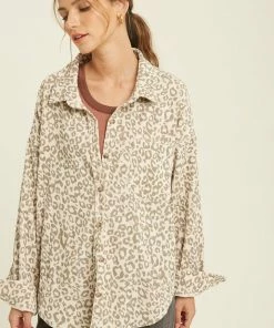 Wishlist Women's Sand/Grey Combo Corduroy Leopard Button Down Shirt