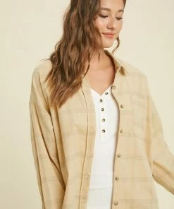Wishlist Tops Women's Taupe Combo Plaid Corduroy Shacket With Pocket