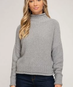 She And Sky Women's Grey Long Sleeve Turtle Neck Sweater