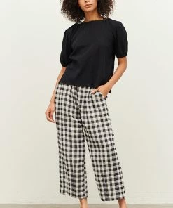 Grade & Gather Women's Black Back Tie Puff Sleeve Blouse