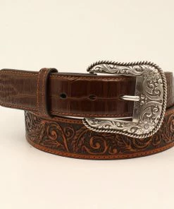 M & F Ariat Belt Brown Western Scroll Star Croco Tabs Belts
