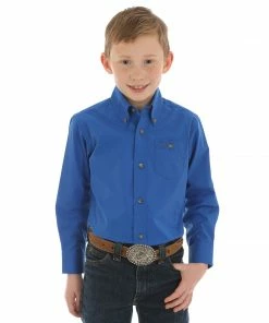 Boy's Western Shirts Boys Wrangler Royal Blue Long Sleeve Shirt