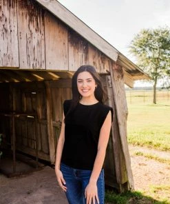 She And Sky Women's Black Sleeveless Padded Shoulder Top