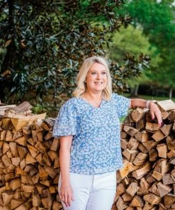 Mitto Women's Blue Flower Print Balloon Sleeve Blouse