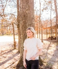 THML Tops Women's Cream Smocked Neck Textured Top