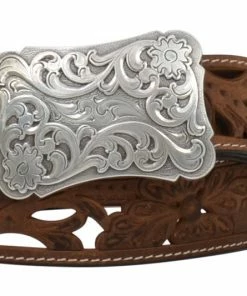 M & F Ladies 3D 1 1/2" Tan Distressed Floral Filigree Belt Belts
