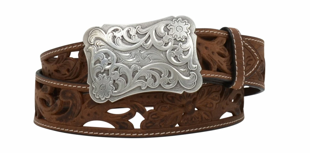 M & F Ladies 3D 1 1/2" Tan Distressed Floral Filigree Belt Belts 1 M & F Ladies 3D 1 1/2" Tan Distressed Floral Filigree Belt Belts