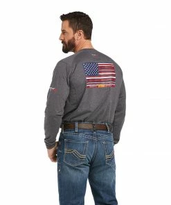 Men's Ariat FR Air Brand Flag Heather Grey Graphic Long Sleeve Shirt Fire Resistant Tees