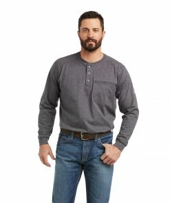 Men's Ariat FR Air Brand Flag Heather Grey Graphic Long Sleeve Shirt Fire Resistant Tees