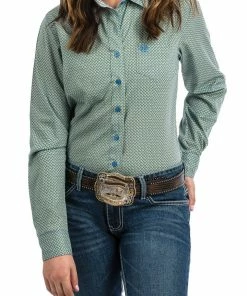 Cinch Women's Blue & Lime Print Western Long Sleeve Blouse Western Shirts