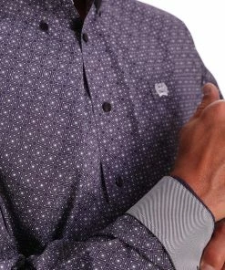 MEN'S CINCH PURPLE AND WHITE GEOMETRIC PRINT BUTTON-DOWN WESTERN SHIRT