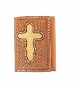 M & F Nocona Leather Weave Tooled Hair Cross Trifold Wallet