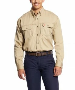 Men's Ariat Flame Resistant Solid Vent Khaki Work Shirt Fire Resistant Shirts