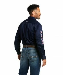 Men's Ariat Team Logo Twill Classic Navy/Star Stripe Long Sleeve Shirt Long Sleeve Shirts