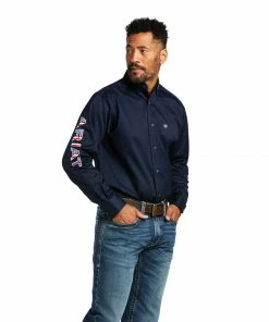Men's Ariat Team Logo Twill Classic Navy/Star Stripe Long Sleeve Shirt Long Sleeve Shirts