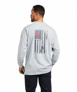 Fire Resistant Tees Men's Ariat FR Dog Tags Heather Grey Long Sleeve T-Shirt