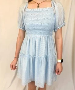 She And Sky Women's Light Blue Puff Sleeve Striped Woven Dress